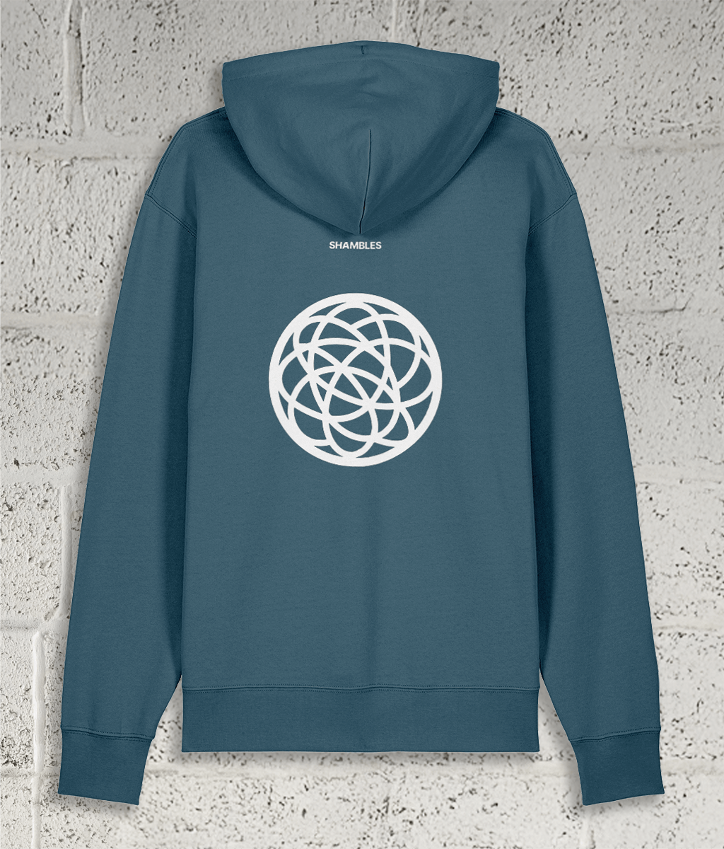 Rear view of Shambles Studio blue Hoodie with Chaos graphic and Shambles logo