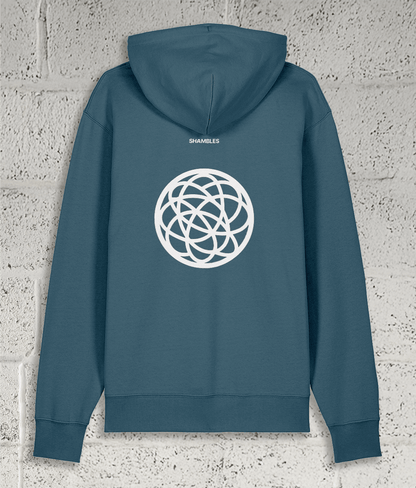 Rear view of Shambles Studio blue Hoodie with Chaos graphic and Shambles logo