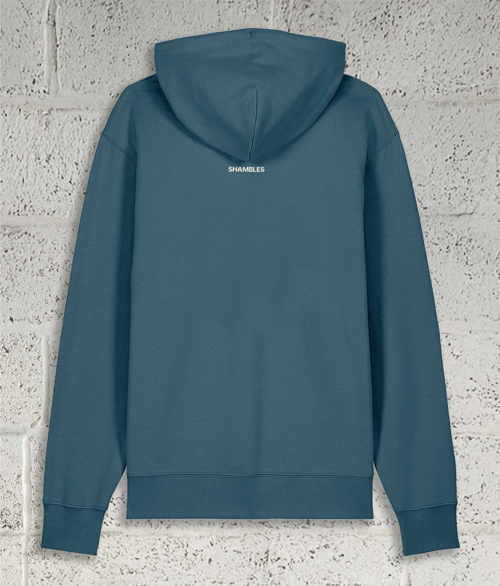 Rear view of Shambles Studio blue Hoodie with Shambles logo
