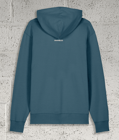 Rear view of Shambles Studio blue Hoodie with Shambles logo