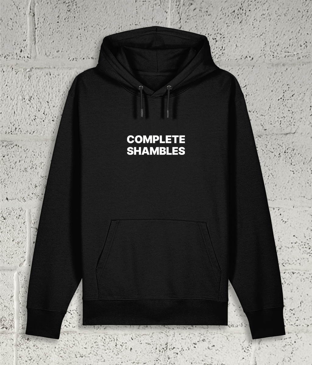 Front view of Shambles Studio COMPLETE SHAMBLES black hoodie with graphic