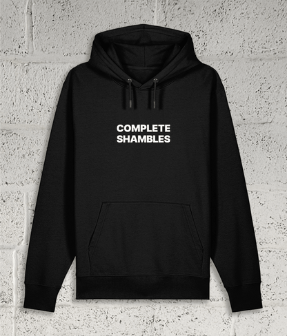 Front view of Shambles Studio COMPLETE SHAMBLES black hoodie with graphic