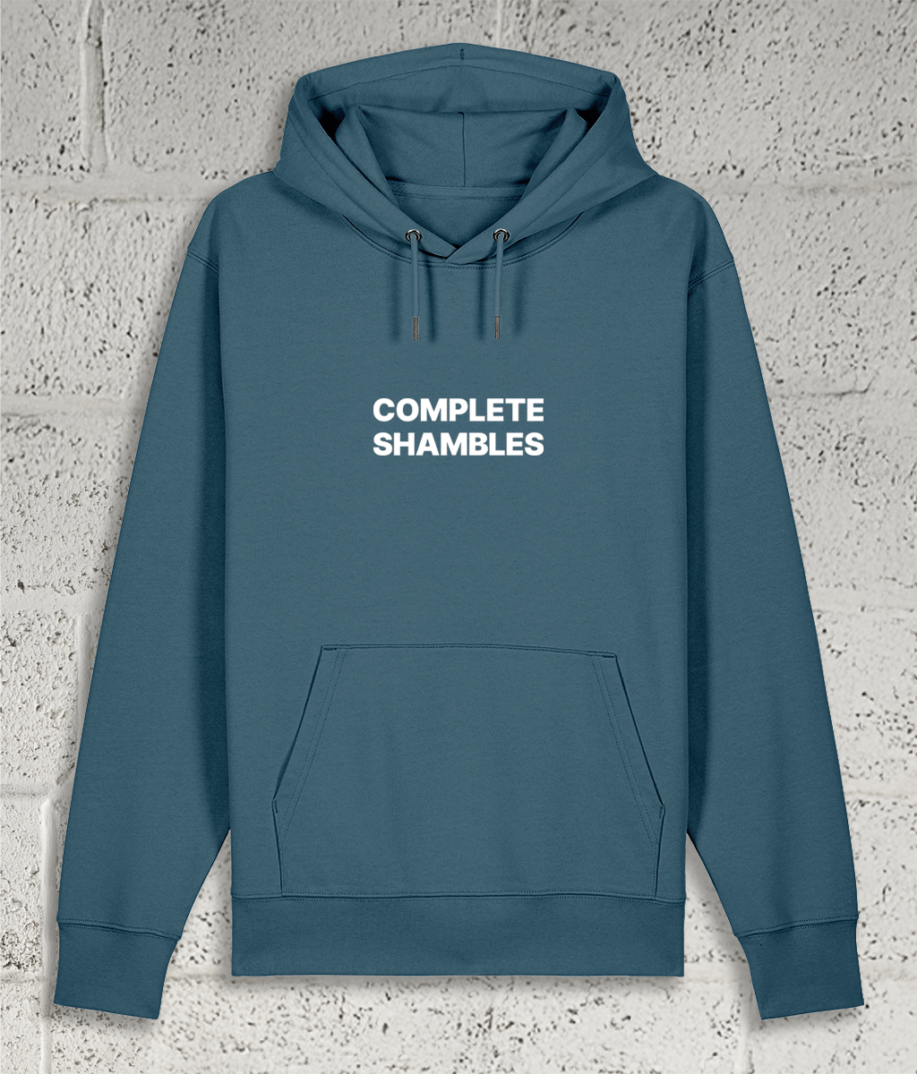 Front view of Shambles Studio COMPLETE SHAMBLES blue hoodie with graphic