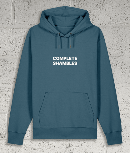 Front view of Shambles Studio COMPLETE SHAMBLES blue hoodie with graphic