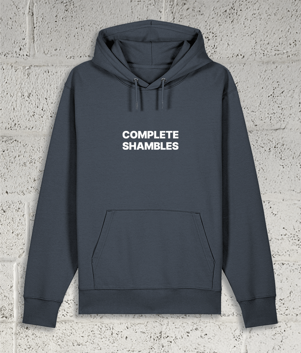 Front view of Shambles Studio COMPLETE SHAMBLES grey hoodie with graphic