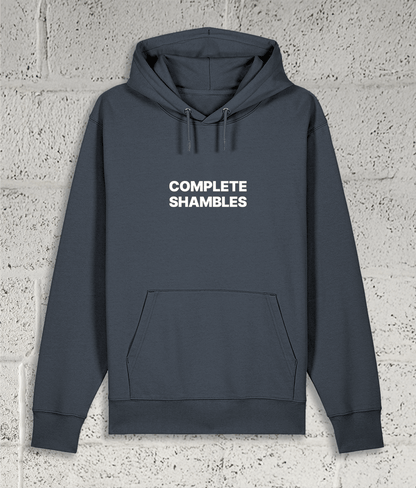 Front view of Shambles Studio COMPLETE SHAMBLES grey hoodie with graphic