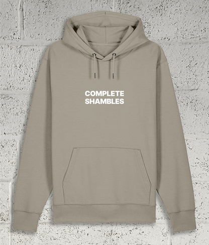 Front view of Shambles Studio COMPLETE SHAMBLES stone hoodie with graphic