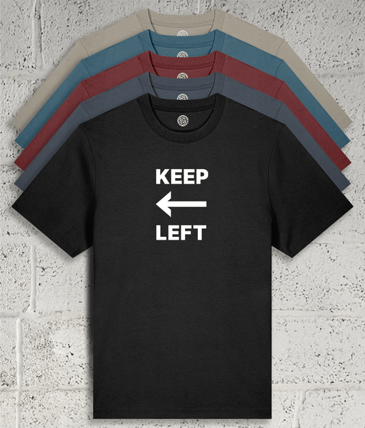Front view of Shambles Studio “KEEP LEFT” Tee showing 5 colour variants