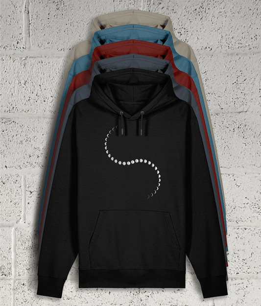 Front view of Shambles Studio Moon Phases hoodie with graphic showing 5 colour variants