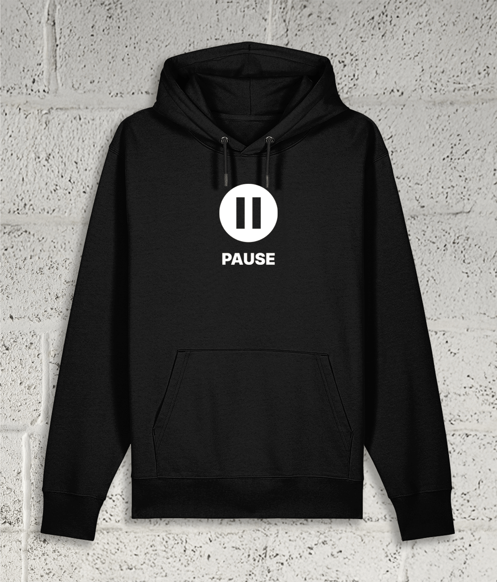 Front view of the Shambles Studio "PAUSE" black hoodie with pause icon 