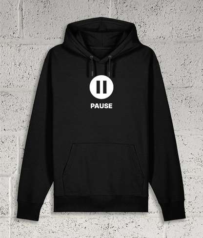 Front view of the Shambles Studio "PAUSE" black hoodie with pause icon 