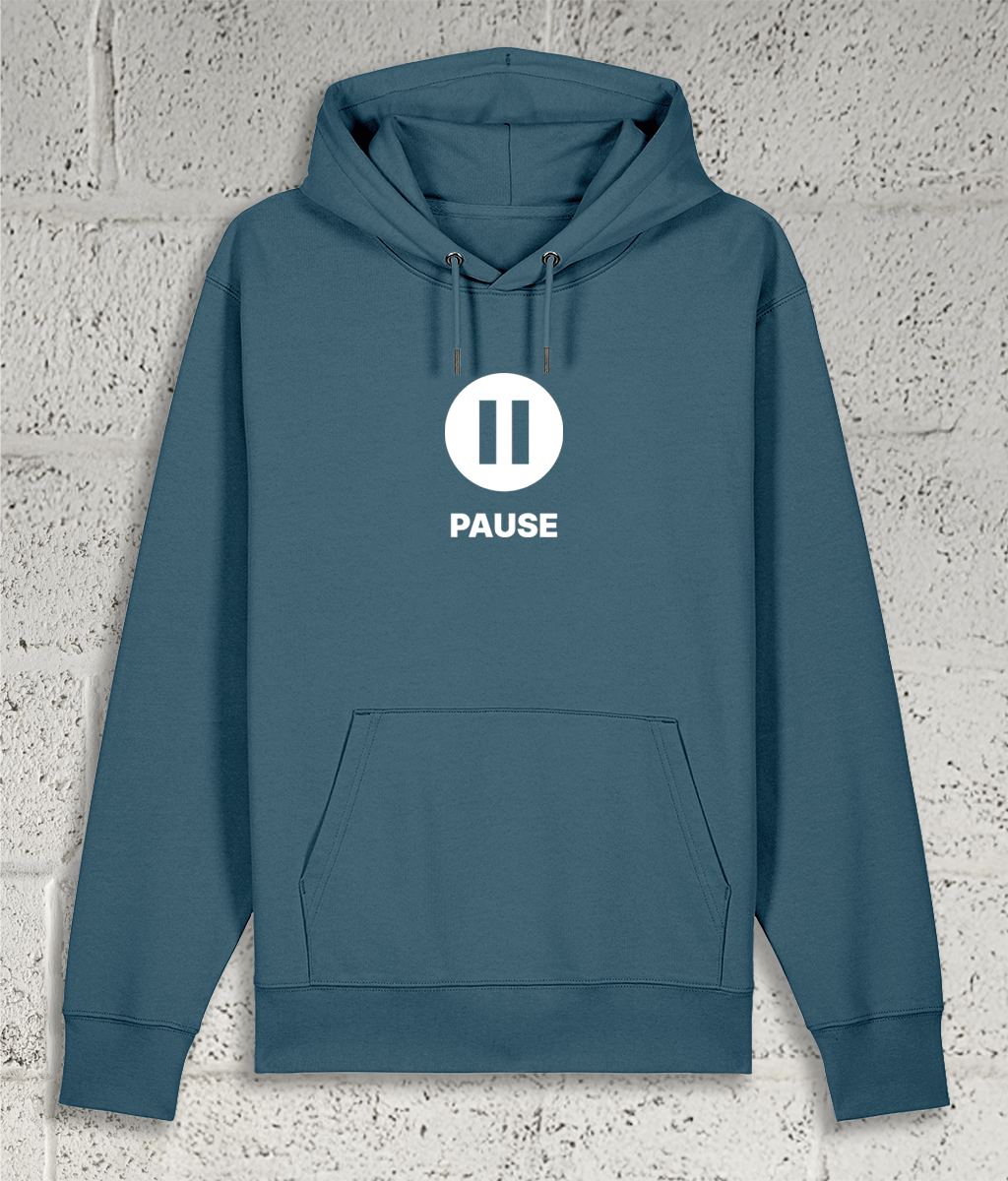 Front view of the Shambles Studio "PAUSE" blue hoodie with pause icon 