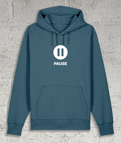 Front view of the Shambles Studio "PAUSE" blue hoodie with pause icon 