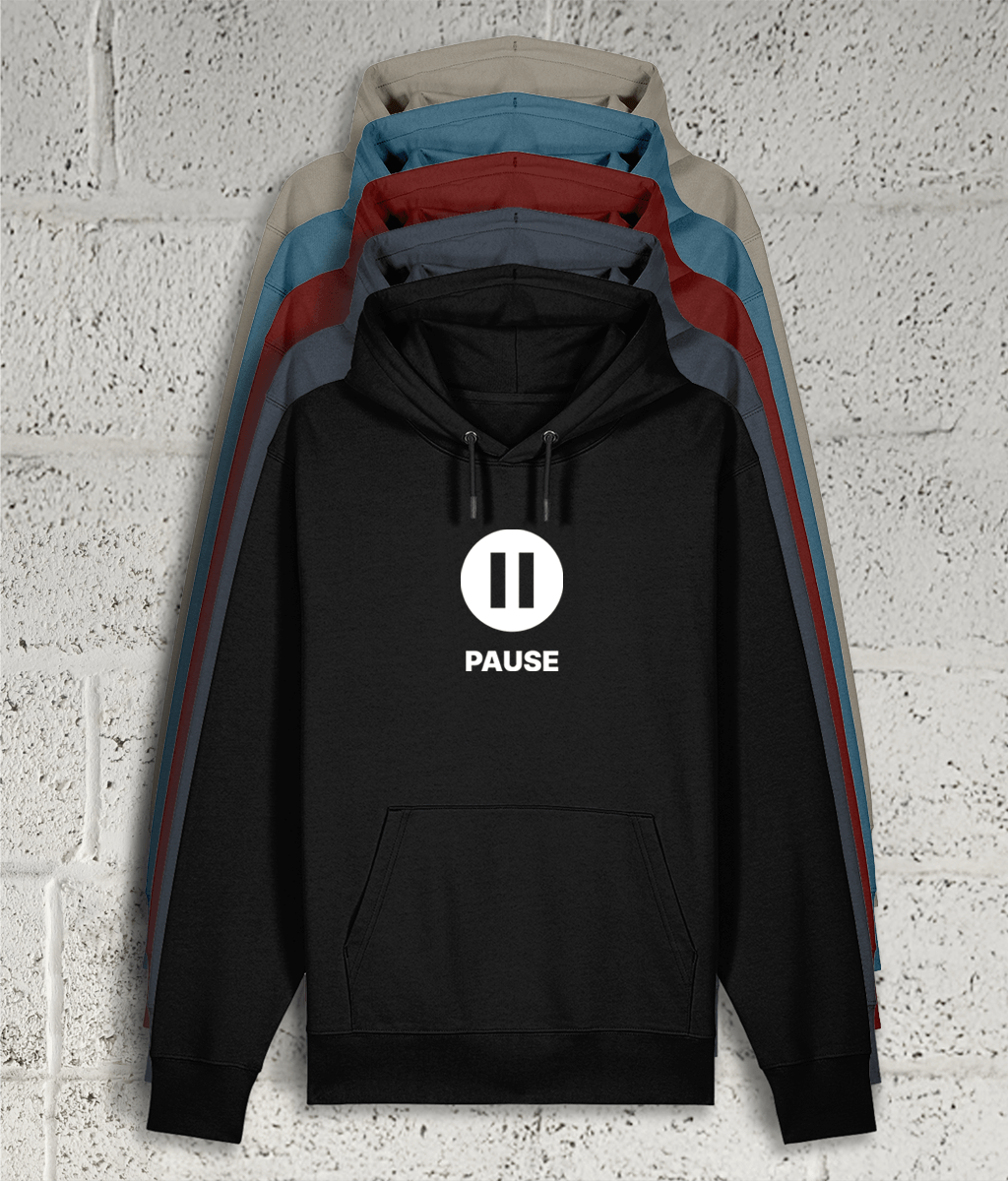 Front view of the Shambles Studio "PAUSE" hoodie with pause icon showing 5 colour variants