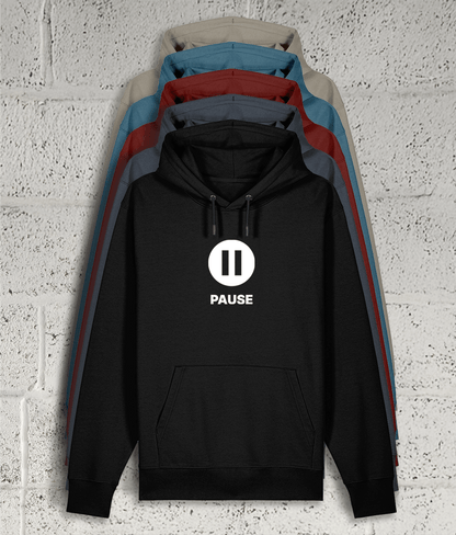 Front view of the Shambles Studio "PAUSE" hoodie with pause icon showing 5 colour variants