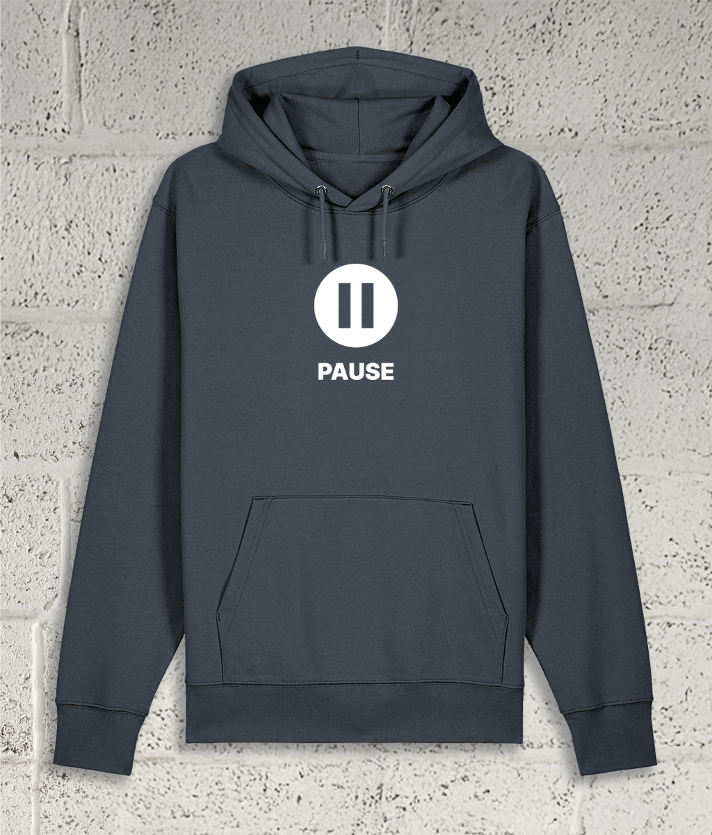Front view of the Shambles Studio "PAUSE" grey hoodie with pause icon 