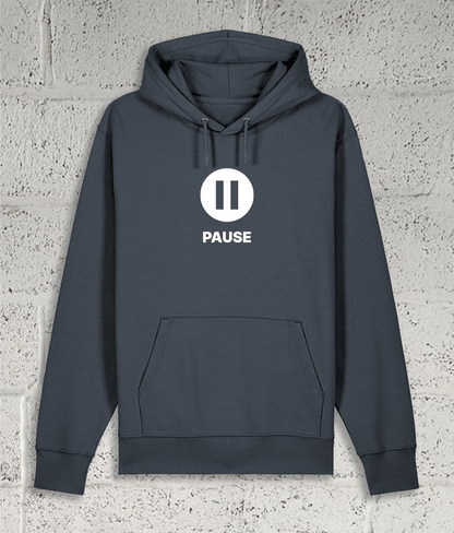 Front view of the Shambles Studio "PAUSE" grey hoodie with pause icon 