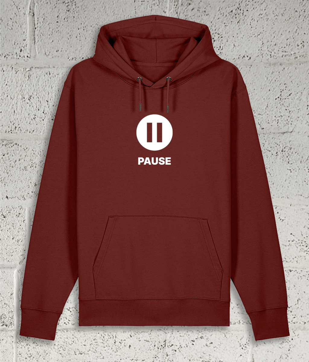 Front view of the Shambles Studio "PAUSE" red hoodie with pause icon 