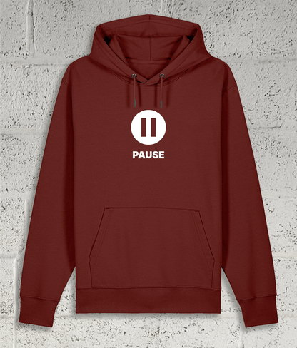 Front view of the Shambles Studio "PAUSE" red hoodie with pause icon 