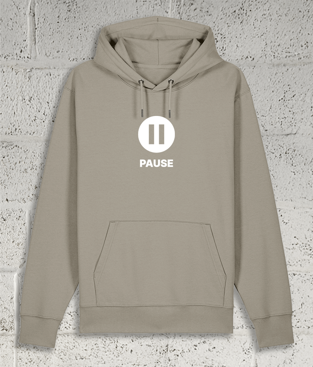 Front view of the Shambles Studio "PAUSE" stone hoodie with pause icon 
