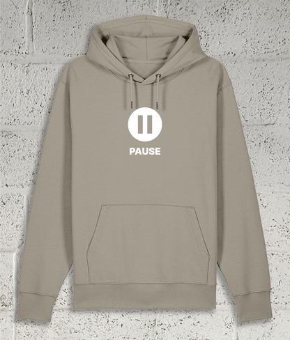 Front view of the Shambles Studio "PAUSE" stone hoodie with pause icon 