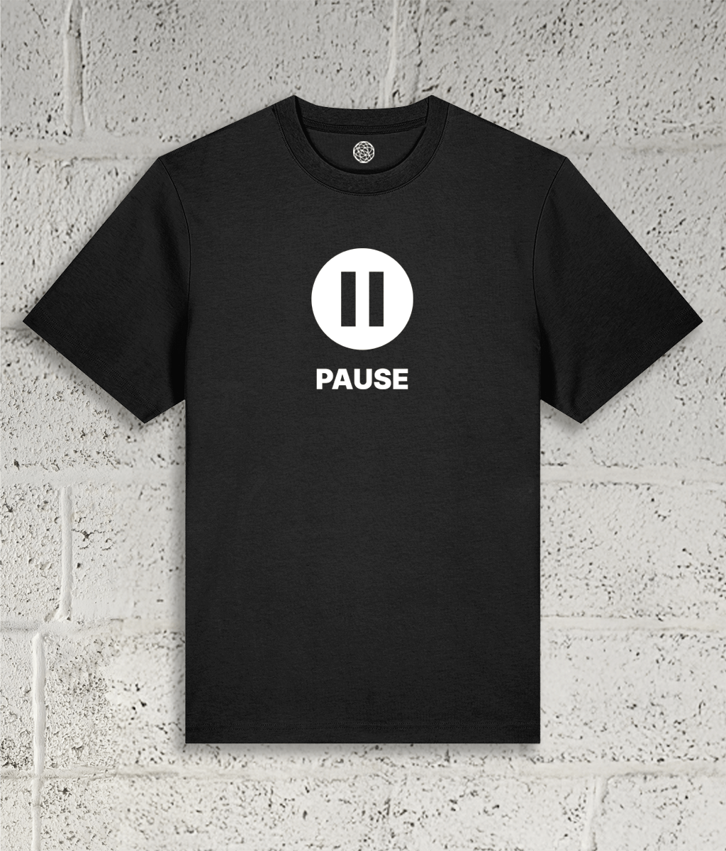 Front view of the Shambles Studio "PAUSE" black t-shirt with pause icon 