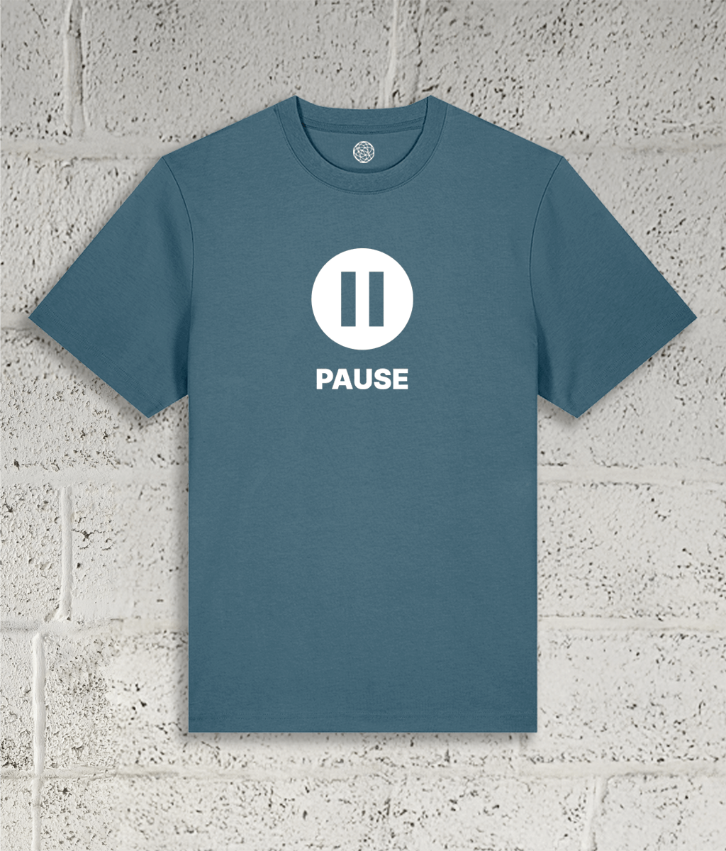 Front view of the Shambles Studio "PAUSE" blue t-shirt with pause icon 