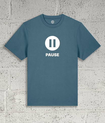 Front view of the Shambles Studio "PAUSE" blue t-shirt with pause icon 