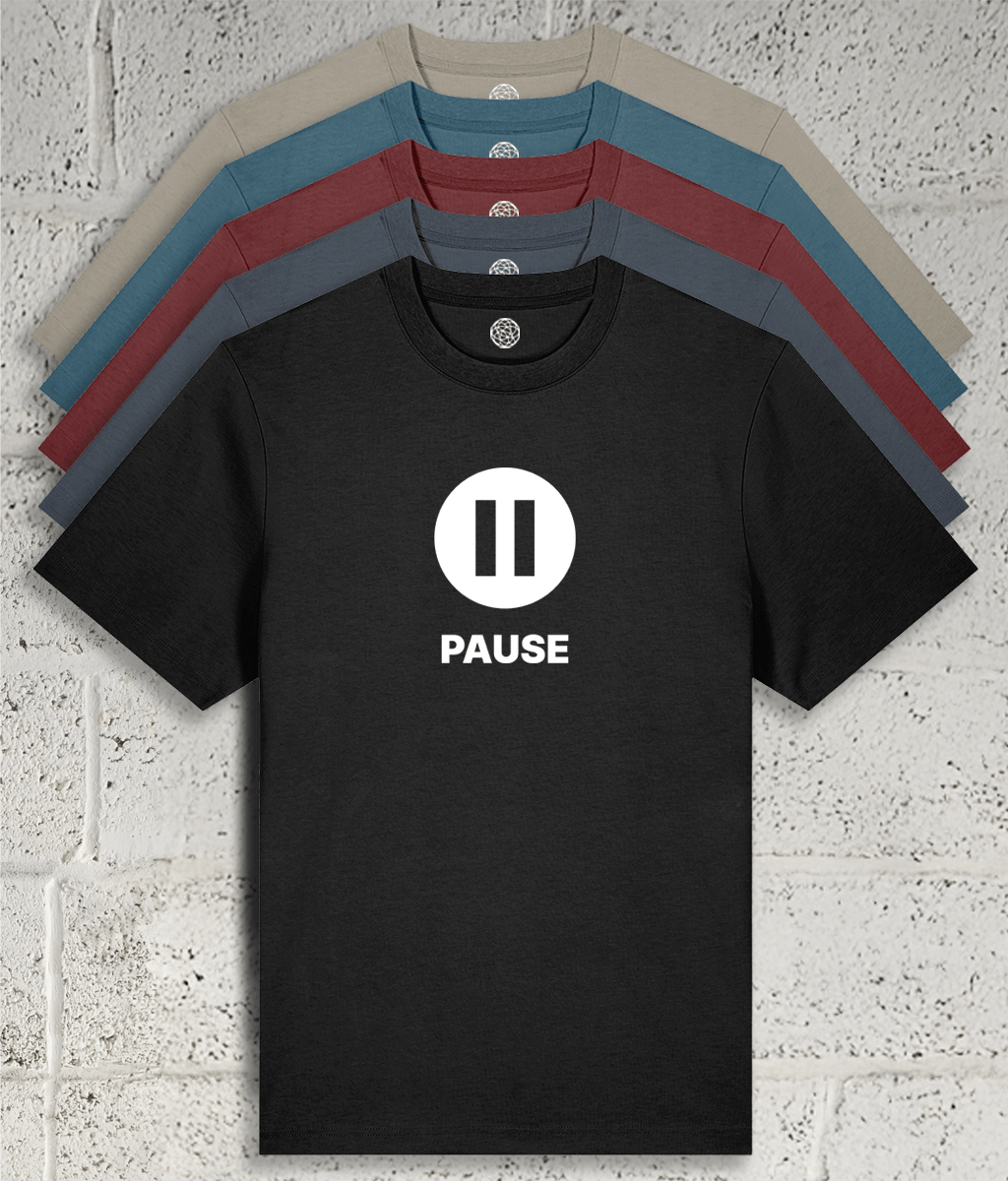 Front view of the Shambles Studio "PAUSE" t-shirt with pause icon showing 5 colour variants