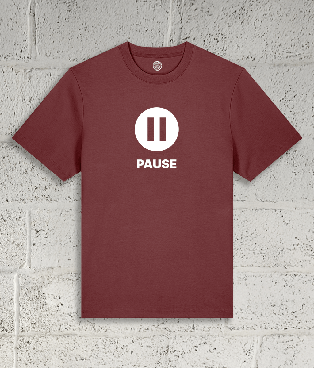 Front view of the Shambles Studio "PAUSE" red t-shirt with pause icon 