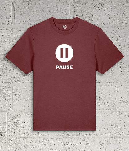Front view of the Shambles Studio "PAUSE" red t-shirt with pause icon 