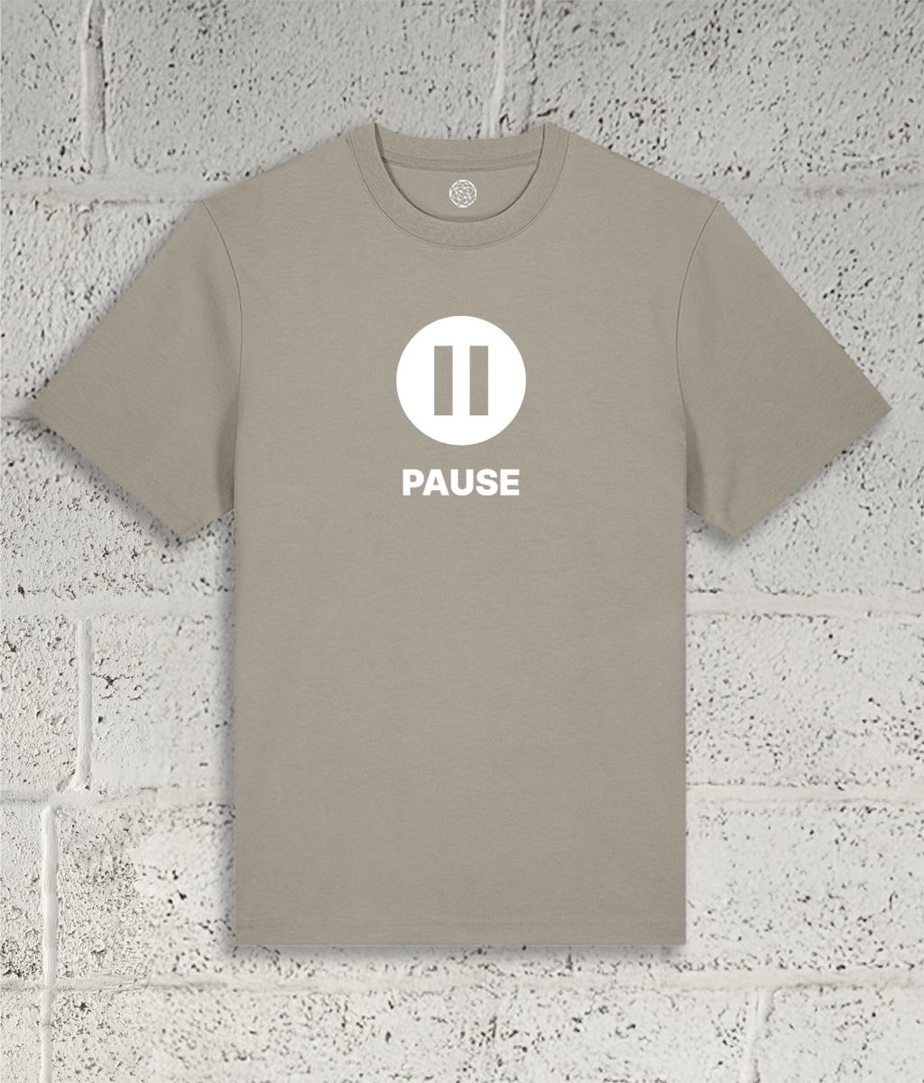 Front view of the Shambles Studio "PAUSE" black t-shirt with pause icon 