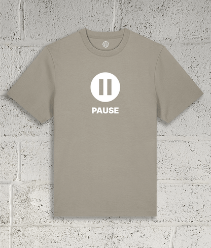 Front view of the Shambles Studio "PAUSE" black t-shirt with pause icon 