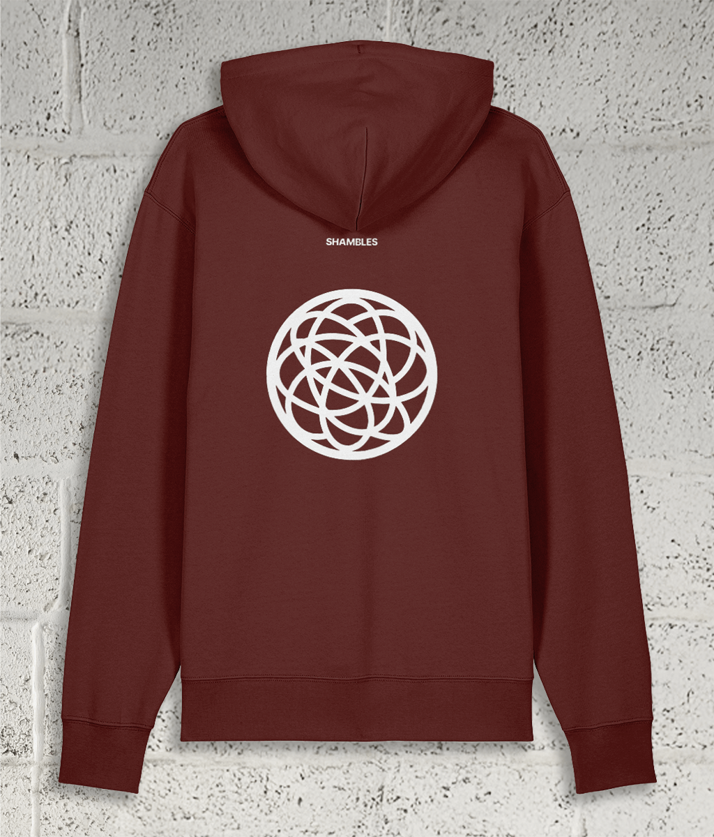 Rear view of Shambles Studio red Hoodie with Chaos graphic and Shambles logo