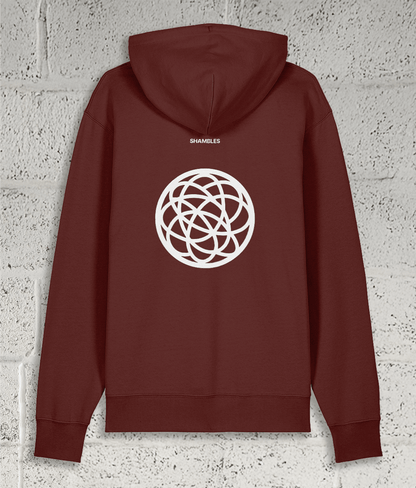 Rear view of Shambles Studio red Hoodie with Chaos graphic and Shambles logo