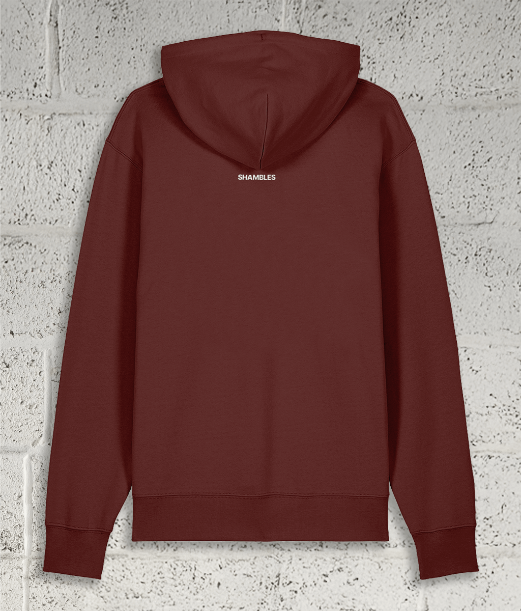 Rear view of Shambles Studio red Hoodie with Shambles logo