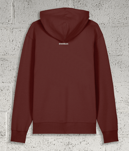 Rear view of Shambles Studio red Hoodie with Shambles logo