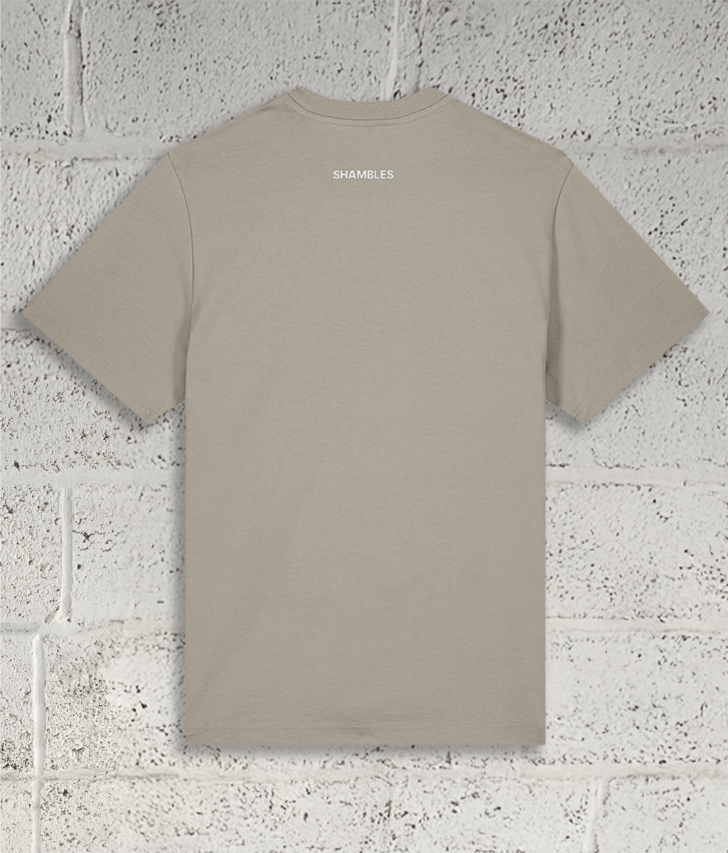 Back view of Shambles Studio stone t-shirt with SHAMBLES text logo