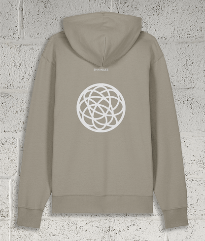 Rear view of Shambles Studio stone Hoodie with Chaos graphic and Shambles logo