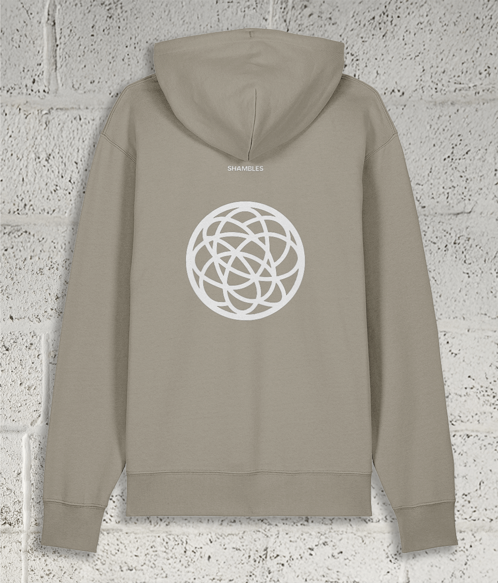 Rear view of Shambles Studio stone Hoodie with Chaos graphic and Shambles logo
