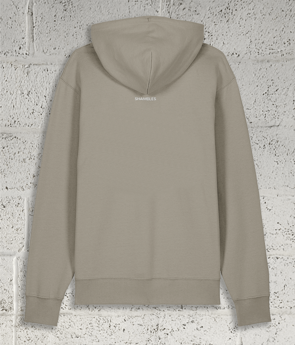 Rear view of Shambles Studio stone Hoodie with Shambles logo