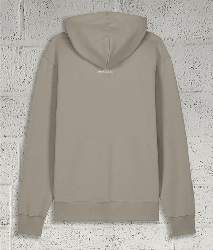 Rear view of Shambles Studio stone Hoodie with Shambles logo