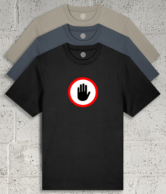 Front view of Shambles Studio “STOP” Tshirt with a white road-sign with a red border and palm-out hand - showing 3 colour variants