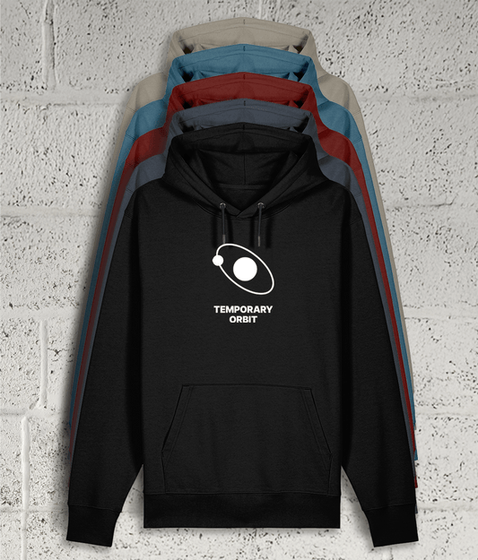 Front view of Shambles Studio Temporary Orbit hoodie with graphic showing 5 colour variants