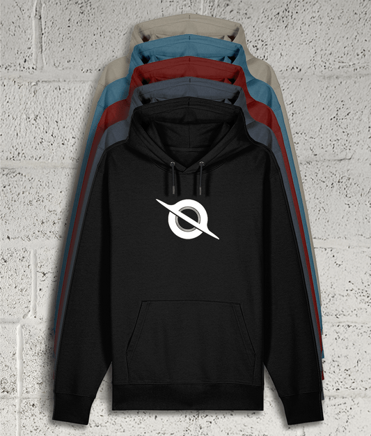 Front view of Shambles Studio Black Hole hoodie with graphic showing 5 colour variants