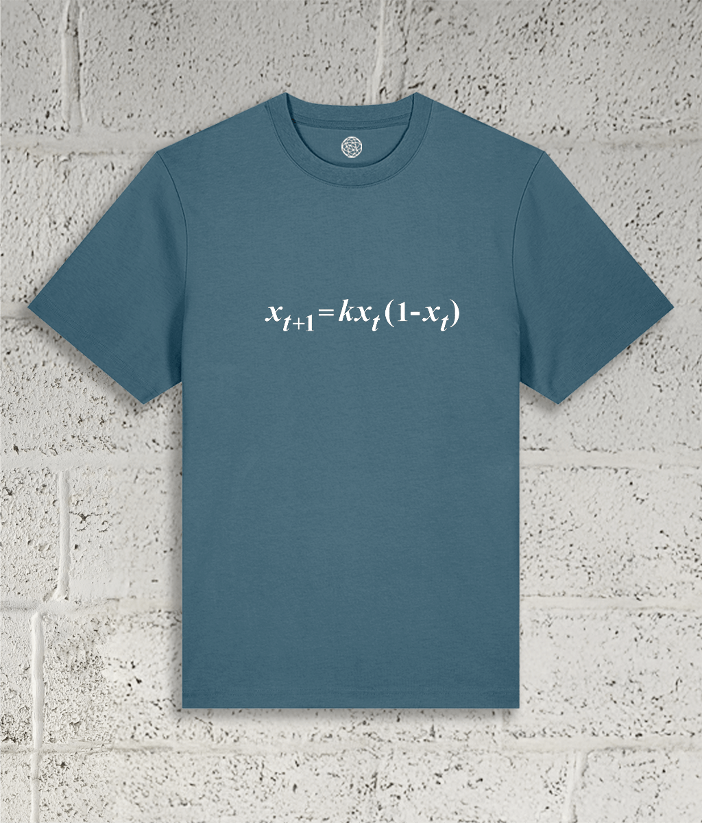 Front view of the Shambles Studio "chaos Theory" blue t-shirt with equation graphic