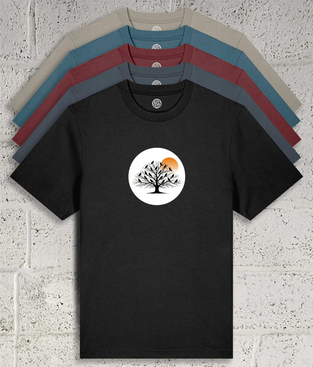 Crows in a tree graphic tee showing 5 colour variants available