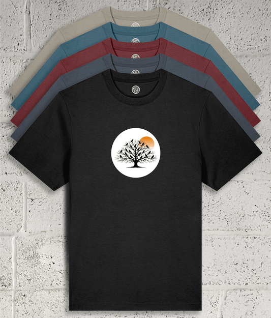 Crows in a tree graphic tee showing 5 colour variants available