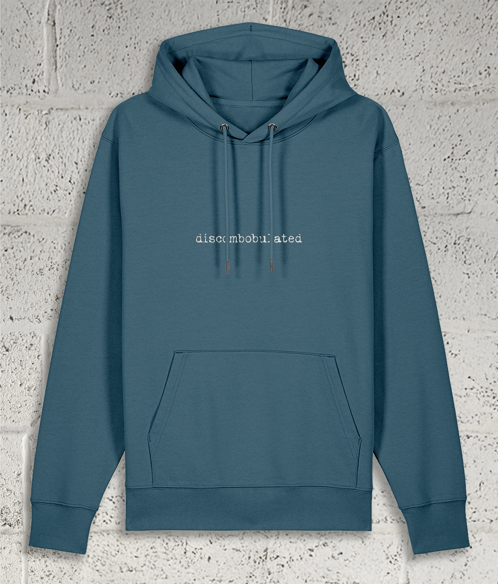 Front view of Shambles Studio Discombobulated blue hoodie with graphic