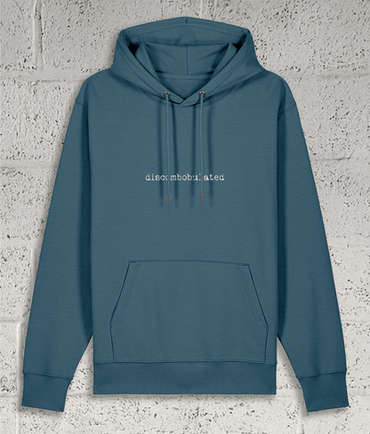 Front view of Shambles Studio Discombobulated blue hoodie with graphic